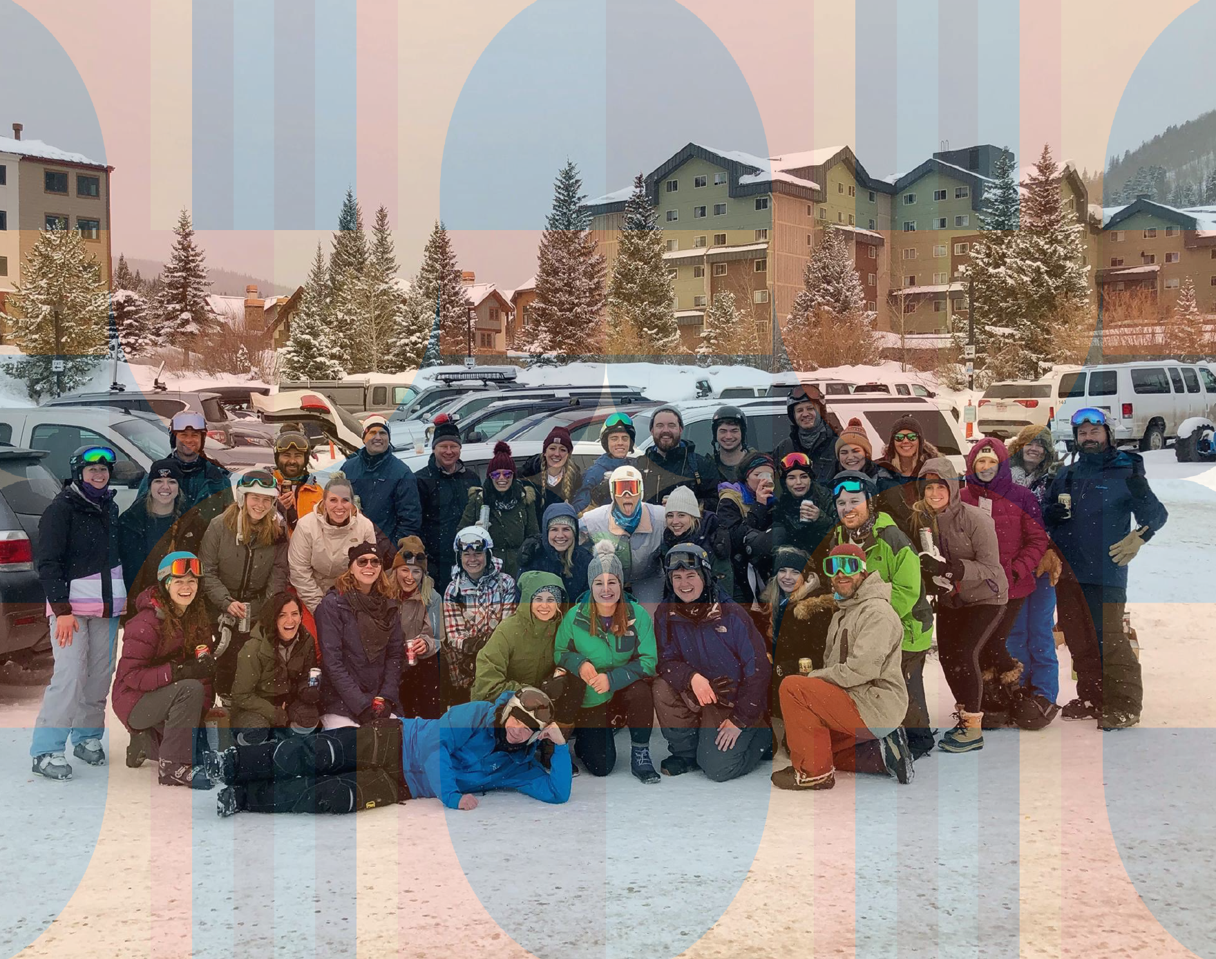 Booyah team members on a company ski trip after getting a Denver advertising job.